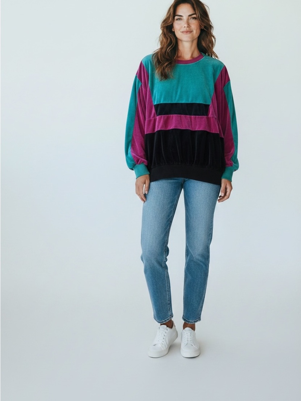 Vintage 80s Colorblock Velour Pullover Sweatshirt Teal Purple Black